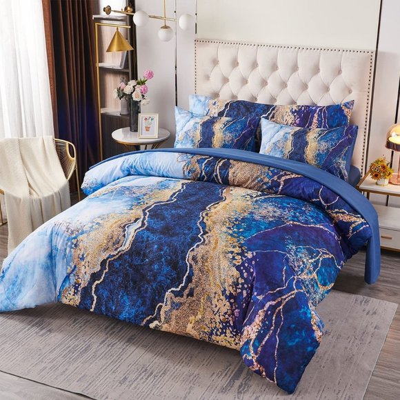 New6 Pcs Bed-in-A-Bag Blue Watercolor Marble PrintedComforter Set with Match